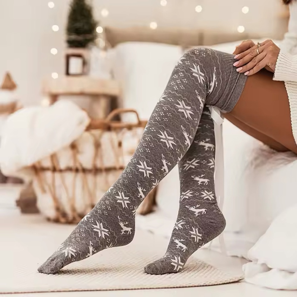 Christmas Knit Stockings With Snowflake Print (Long , High Socks with Satin Bow)